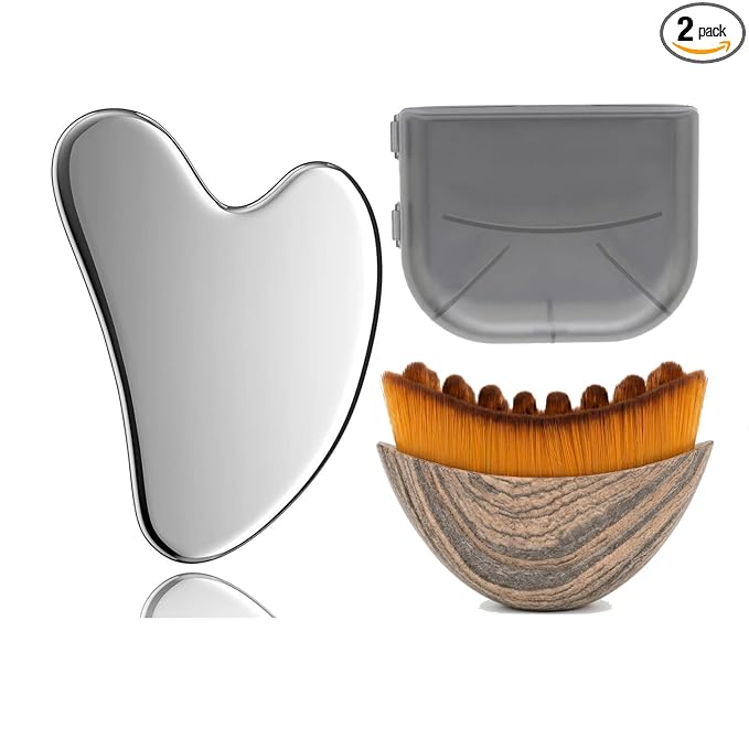 Stainless Steel Gua Sha Tool & Lymphatic Drainage Face Brush Set, Facial Massage Kit for Jawline Sculpting Puffiness Lifting Relaxation, Contour Face Brush with Storage Case for Women EDCBMB