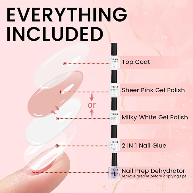 AILLSA Nail Extension Kit Short Almond Nail Tips 240pcs with 2 In 1 Nail Glue Base Coat and Nail Dehydrator, Gel Nail Tips Kit with Nail Lamp Top Coat for Starters Home Salon