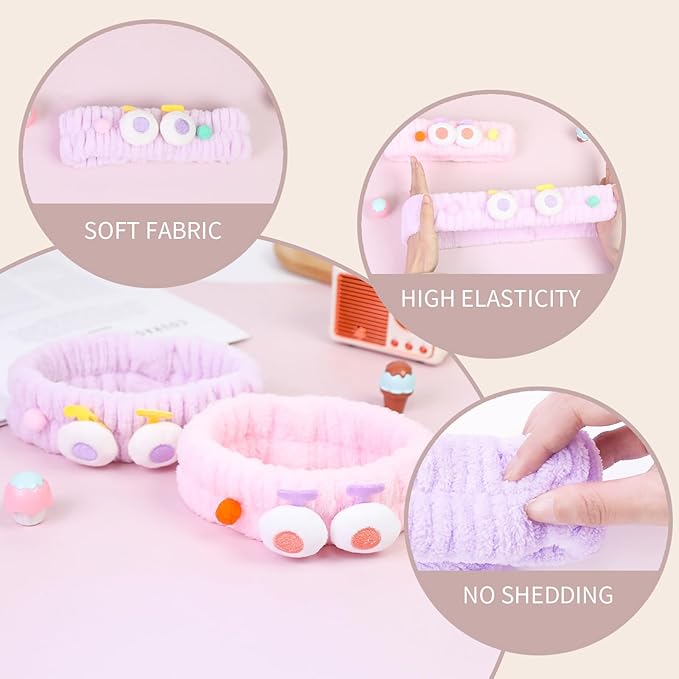 Spa Headband for Washing Face, 2 Pack Cute Hair Band for Shower Yoga Beauty Skincare, Fluffy Makeup Headband, Kawaii Facial Headbands for Woman Girls, Purple+Pink Pompon