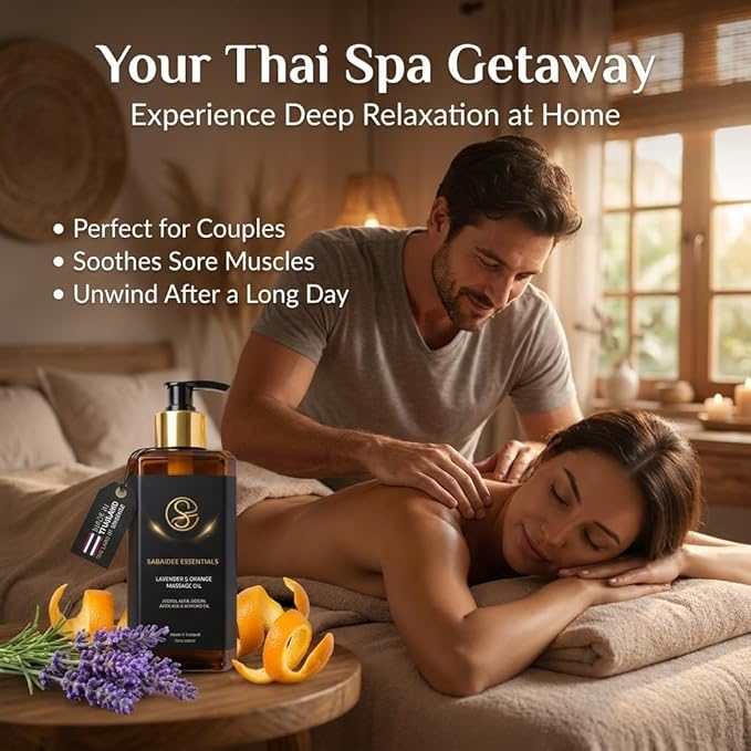 Aromatherapy Massage Oil - Lavender Oil & Orange 10 Fl Oz - Thai Body Oil for Massage Therapy with Jojoba, Avocado, Argan, Aloe, Almond - Relaxing Body Care & Self-Care