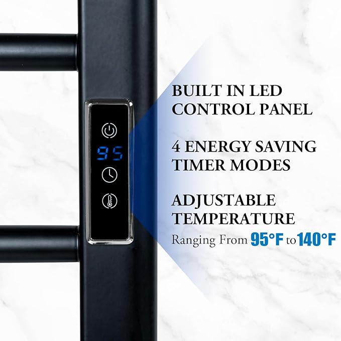 MyGift Hotel Series Matte Black Carbon Steel Towel Warmer Rack with 8 Heating Bars and LED Temperature Timer Control, Freestanding or Wall Mounted Electric Bath Towel Warming Holder