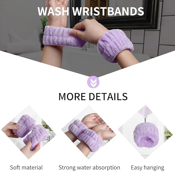 6 Pcs Elastic Microfiber Spa Headband Set for Women - Makeup, Skincare, Face Wash Wristbands, Beauty (Purple)