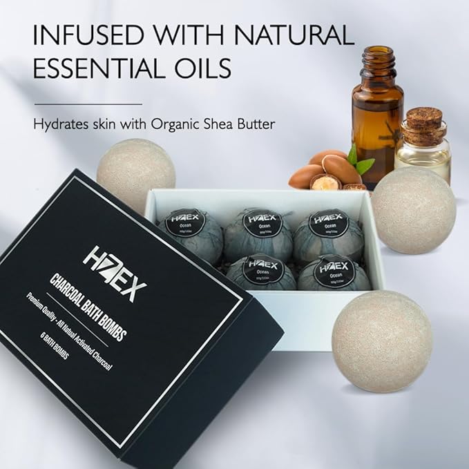 HZEX Charcoal Activated Bath Bombs for Men – Detox with Handmade Organic 6 Pack Bath Bomb Set, up to 3 Scents (Sandalwood, Bergamot, Ocean), Individually Wrapped (Ocean)