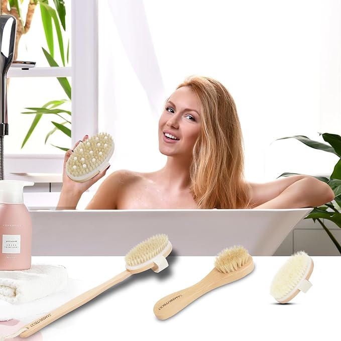 SAMEBUTECO Dry Brushing Body Brush Set with Long Handle, Natural Boar Bristle Body & Face Brush, Wooden Detachable Scrub Brush, 3 Brush Heads for Exfoliating & Body Care