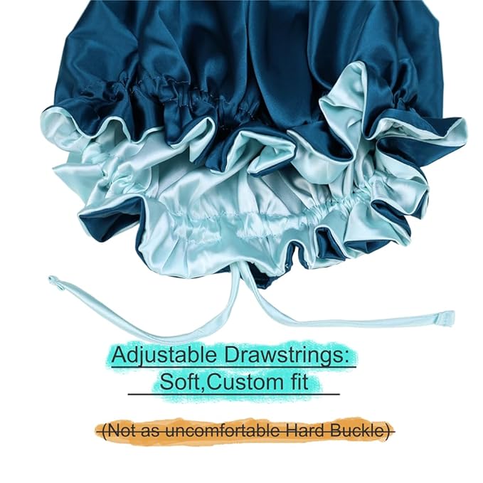 Adjustable Silk Satin Bonnet Hair Care Caps for Women Girls Loose-fitting Reversible Sleeping Cap Shower Caps Hair Wrap Bonnets (005 Peafowl/Aqua)