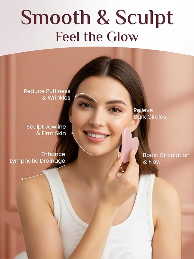 Rena Chris Gua Sha Facial Tools, Pink Stone Guasha Tool for Acupuncture, Manual Massage Tool for Jawline Sculpting and Puffiness Reducing, Gua Sha Facial Massage Tool, Skin-Care Gift (Pastel Pink)