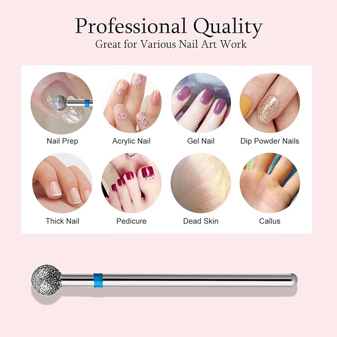 10pcs Safety Ball Cuticle Drill Bits, Carbide Diamond Nail Bits for Dead Skin Removal & Nail Shaping, 3/32'' Two Way Rotate, Professional Manicure Pedicure Salon Tools(5mm Ball Bit, Medium-M)