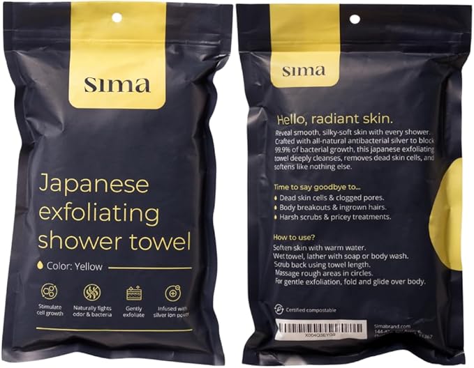 Exfoliating Washcloth Face & Body Scrub Towel - Japanese Exfoliating Towel with Hexagon Fibers, Body Scrubber with 2 Sides for Scrubbing & Washing, Extra Long Towels (Yellow, 3 Pack)