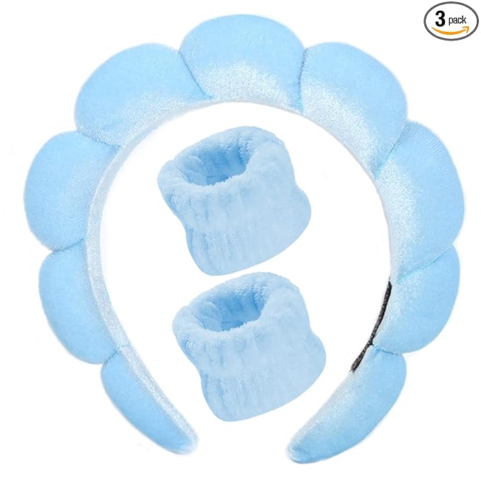 Luckybear Spa Headband for Washing Face, Velvet Makeup Headband, Bubble Skincare Head bands with Face Wash Wristbands Sponge Puffy for Women Skin Care -Blue