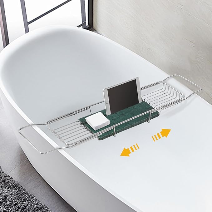 Stainless Steel Bathtub Tray, Expandable Marble Bath Tray for Tub, 44.09 lbs Capacity Bath Caddy for Bathtub Bathroom Accessories for Home Spa (Silver + Green)