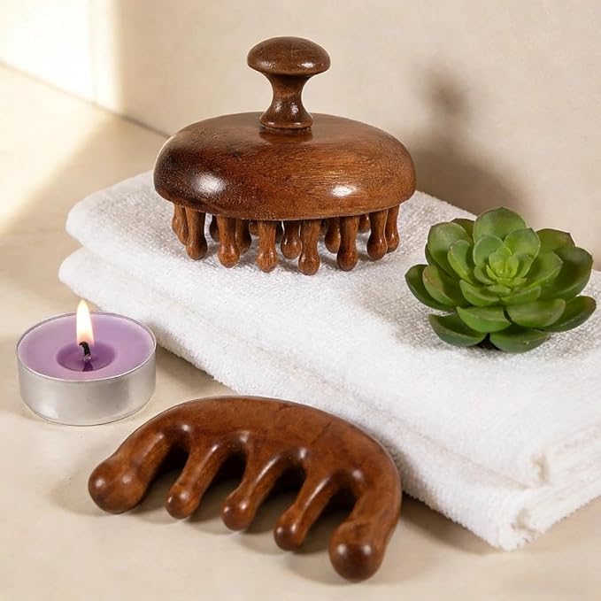 Scalp Massager for Hair Growth, Two-Piece Set-Manual Head Scrubber with Sandalwood, Portable Handheld Tool for Scalp Care & Relaxation, Stress Relief Brush for Home and Travel Spa Experience