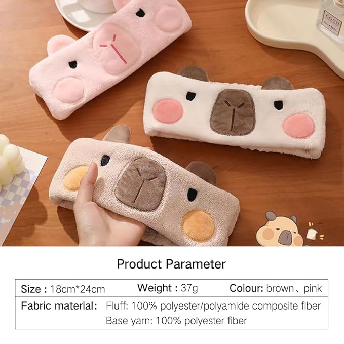 PERFECTSIGHT Kawaii Headband for Spa, Makeup, Washing Face, Party - 2 Pack Cute Hair Band for Shower Beauty Skincare, Soft Facial Headbands for Girls and Women (Brown+Pink Capybara)