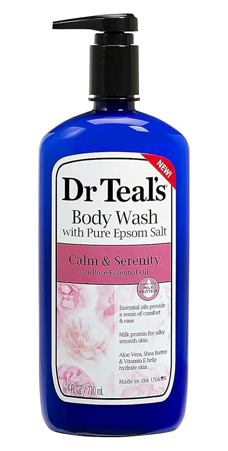 Dr Teal's Calm & Serenity Body Wash with Milk & Rose Essential Oils (1 Bottle, 24 oz) - Pure Epsom Salt, Aloe Vera, Shea Butter, Vitamin E, & Milk Protein Nourish and Moisturize Skin - Calm the Mind