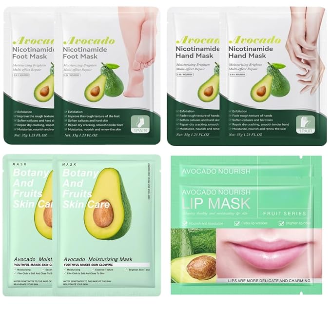 Hydrating Avocado Skincare Set 8 Pcs - Nicotinamide Face + Nourishing Lip + Moisturizing Hand & Foot | Botanical-Infused Restorative Care for Dry/Dehydrated Skin