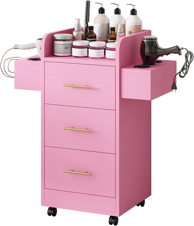 4ever2buy Rolling Salon Station for Hair Stylist, Salon Trolley Cart with with Wheels, Hair Stylist Beauty Barber Station, 6 Hair Dryer Holders & 3 Drawers, Pink and Gold