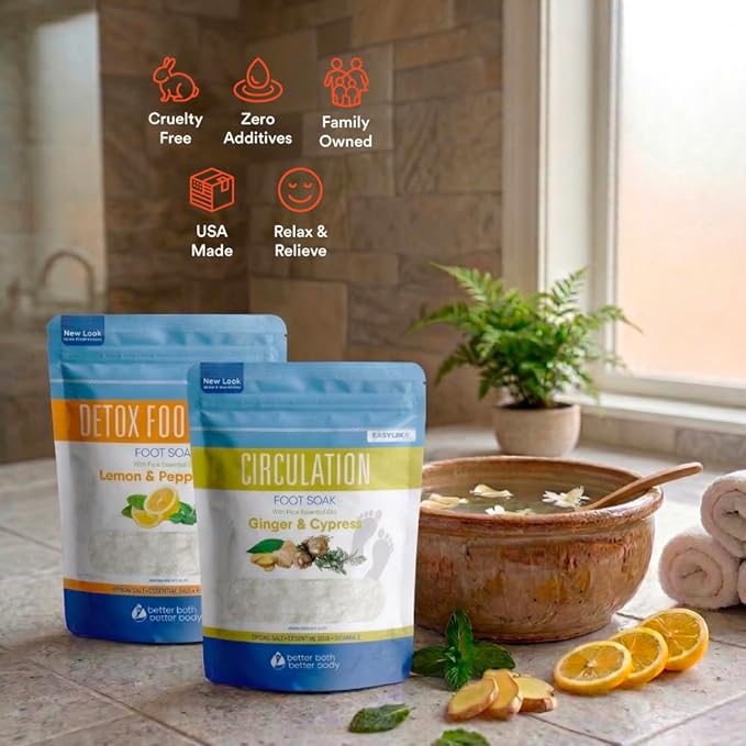 2 Pack Foot Soak Salts Bundle for DIY Foot Spa with Bamboo Scoop (2 lbs Each 4 lbs Total) for Discomfort and Dry Skin Made in USA with BPA Free Easy Lock Pouch