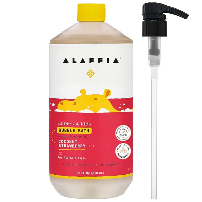 Alaffia Babies & Kids Bubble Bath, Coconut Strawberry, Pump Included – Gentle Cleanser with Raw Shea Butter and Hibiscus, 32 Fl Oz