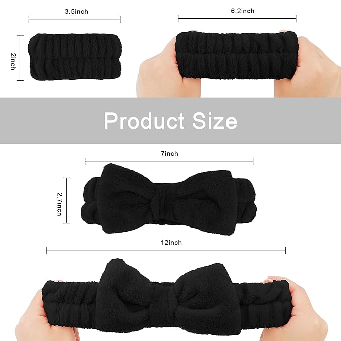 CIEHER 12 PCS Black Makeup Headband for Women Wrist Washband Scrunchies Cuffs for Washing Face, Soft Bow Hair Band Matching Wristbands, Spa Headband Coral Fleece