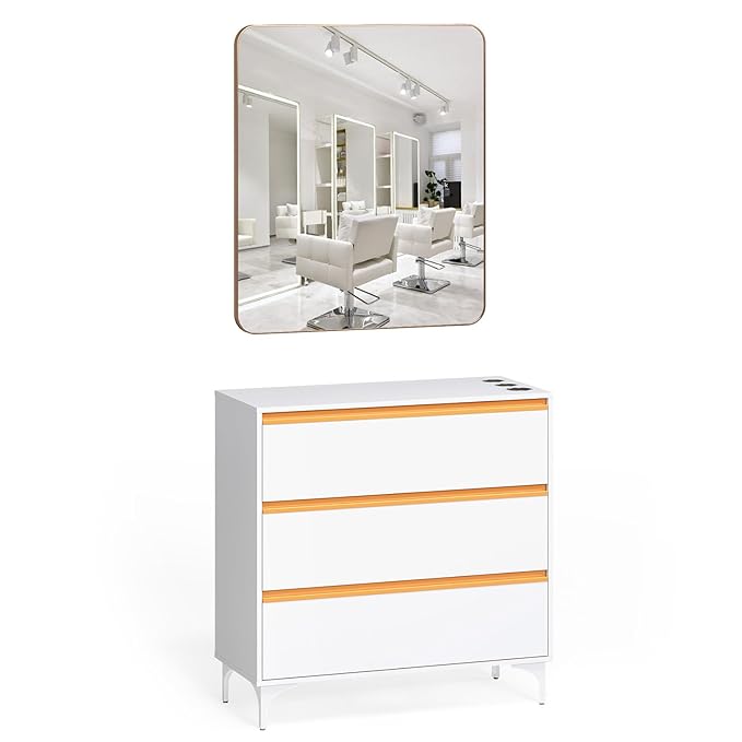 OmySalon Salon Station for Hair Stylists, Barber Free Standing Styling Cabinet with 3 Drawers, Square Mirror & Hair Dryer Holders, Modern White Gold Beauty Dresser for Salon, Spa, Home