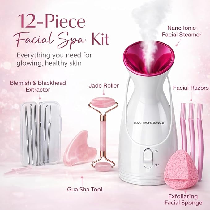 Nano Ionic Facial Steamer Spa Kit, 12-Piece Skincare Set with Jade Roller, Gua Sha, Facial Razors, Blackhead Extractor Tools & Exfoliating Sponge for Deep Pore Cleansing