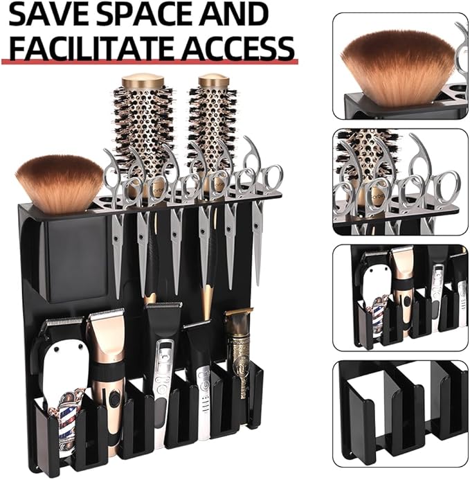 Clipper Holders Barbers Organizer, 13" x 12" x 3" Wall-Mounted Multi-Functional Hair Styling Tool Storage Stand for Clipper, Scissors, Comb, Curling Irons - for Salon, Home Bathrooms, with Screws Kit