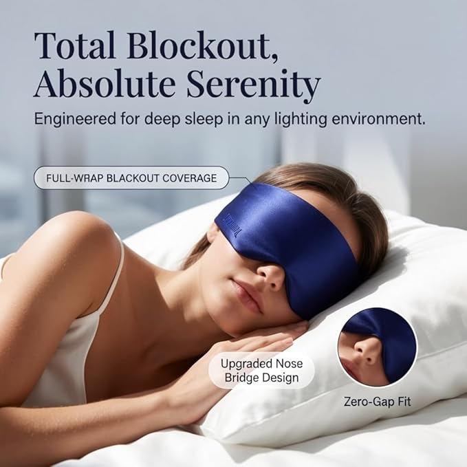 Silk Sleep Mask for Side Sleepers, Blackout Light Blocking Eye Mask for Sleeping, 100% 22 Momme Mulberry Silk, Full Coverage Face-Hugging Sleep Mask for Travel, Naps & Shift Workers, Blue