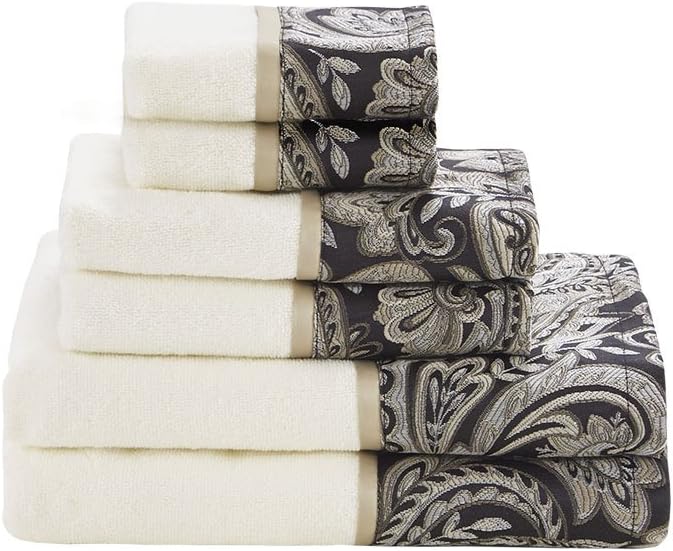 Madison Park Aubrey 100% Cotton Luxurious Bath Towel Set Highly Absorbent, Quick Dry, Jacquard Paisley Design, Hotel & Spa Quality for Bathroom Decor, Multi-Sizes, Black 6 Piece