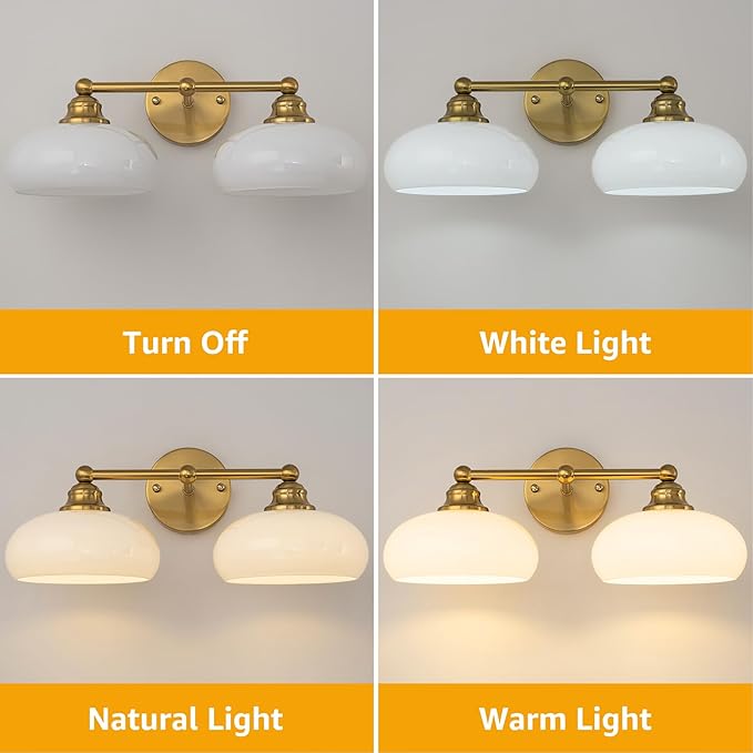 GoYeel Bathroom Light Fixtures Over Mirror, Vintage Gold Double Arm Vanity Lighting Fixtures 2 Light Antique Wall Light Fixture with Glossy Milk White Glass Shade for Bathroom, E26 Base