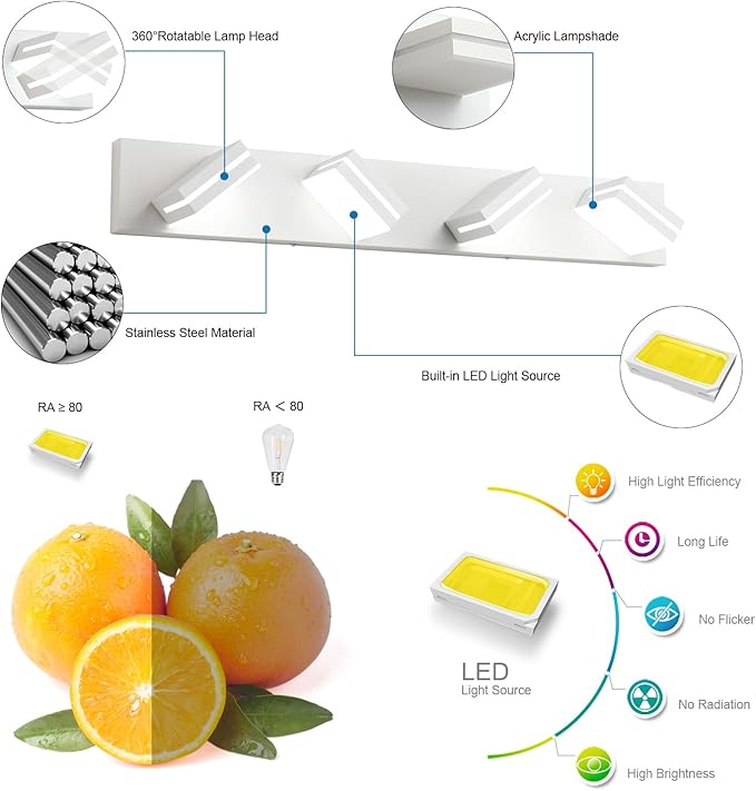 SineRise LED Modern Bathroom Vanity Light Fixtures (4-Light, 30-Inch, Dimmable), Matte White Modern Acrylic Bathroom Wall Lighting Fixtures Over Mirror (Cool White 6000K)