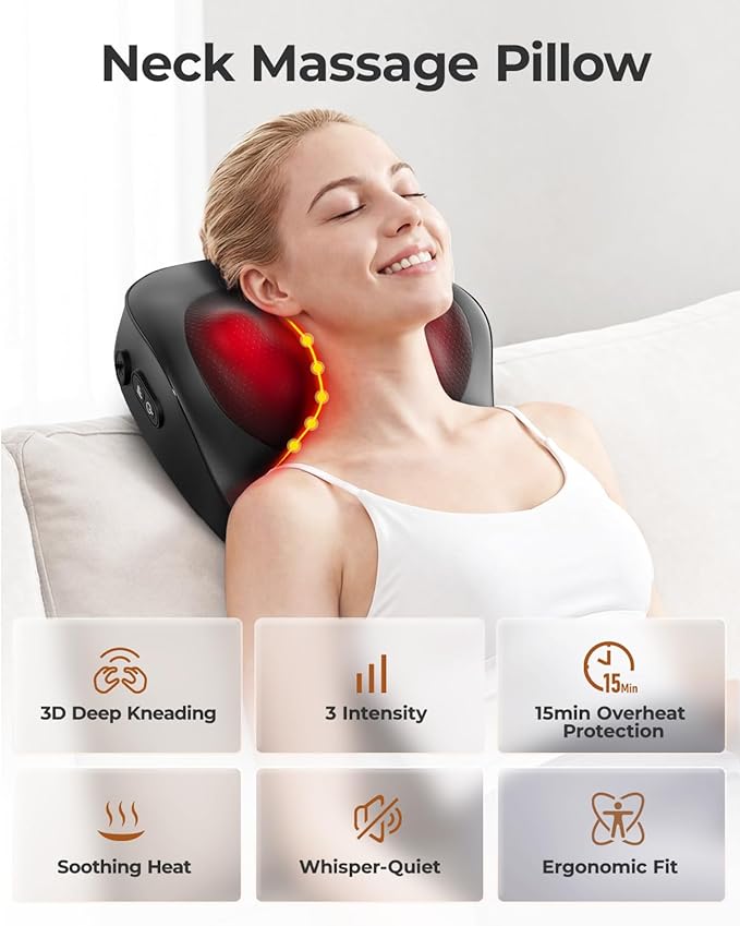 Electric Neck Massager Pillow, Ultra-Quiet Corded Neck and Shoulder Massager with Heat, Portable 3D Kneading for Shoulder, Leg & Calf Muscle Pain Relief, Relaxing Gift for Men & Women