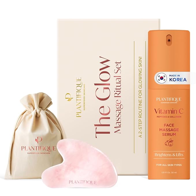 PLANTIFIQUE Massage Set: Rose Quartz Gua Sha & Vitamin C Face Serum Korean with Collagen and Peptides for Hydrated & Glowing Skin (30ml) - Skincare Gifts for Women, Moms, Teens
