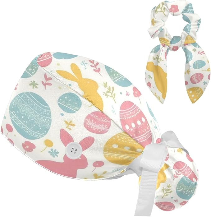 Scrub Caps Women Ponytail Cute Pink and White Leaves Caps Bouffant Working Hat Elastic Tie Back Hats with Button