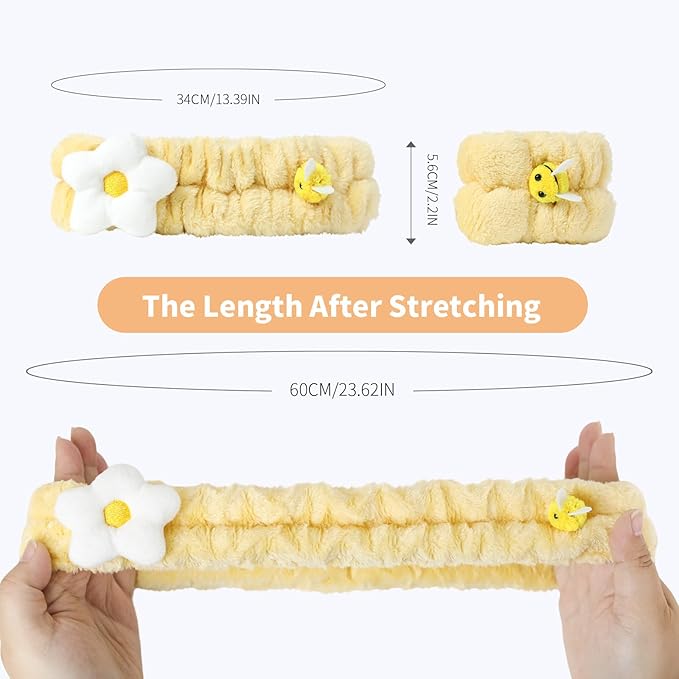 PERFECTSIGHT Kawaii Headband for Spa, Makeup, Washing Face, Party - 2 Pack Cute Hair Band for Shower Beauty Skincare, Soft Facial Headbands for Girls and Women (Yellow Flower Bee)