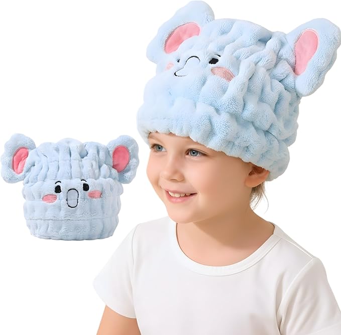 Microfiber Hair Towel Wrap for Kids, Blue Elephant Dry Hair Cap Suck Water, Absorbent Quick Girls Boys Hair Drying Towel, Lightweight Bouncy Hat Headscarf