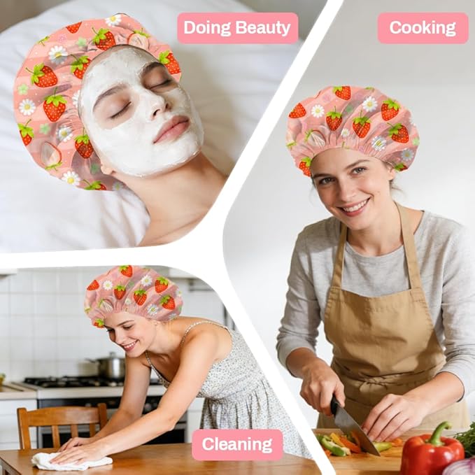 Strawberries Reusable Shower Cap Cute Fruit Double Layer Waterproof Shower Caps Large Elastic Hair Cover Adjustable Hair - Drying Caps for Woman Bath SPA Travel One Size Fits Most