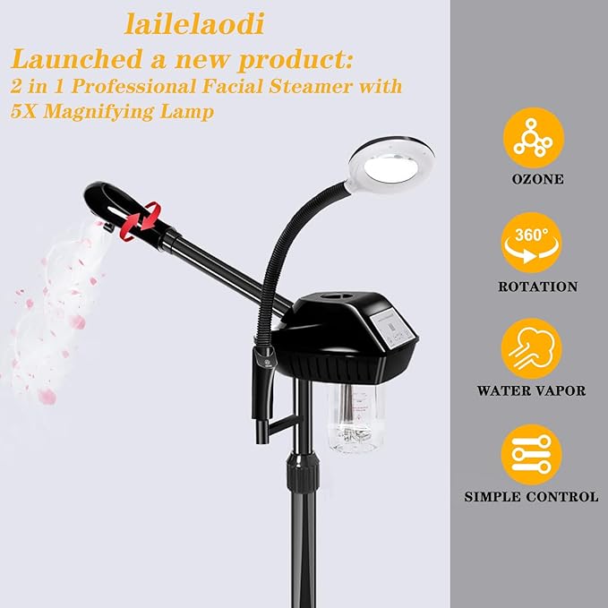 Professional Facial Steamer on Wheels,2 in 1 Face Steamer with 5X Magnifying Lamp and Ozone Function for Home and Beauty Spa Use