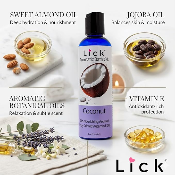 Lick Coconut Aromatic Bath Oil - Tropical Aromas Set - Soothing Bath Soak Oils, 4 oz
