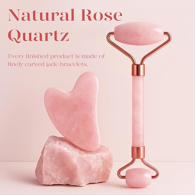 BAIMEI Rose Quartz Roller Set & Xiuyan Jade Gua Sha – Face Massager Tool and Guasha Tool for Face