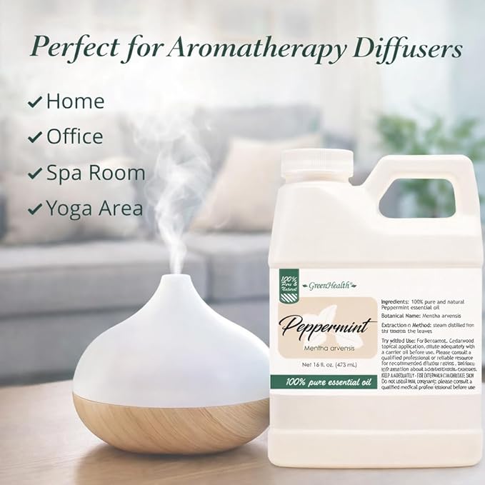 GreenHealth Peppermint Essential Oil – 16 fl oz | 100% Pure & Uncut | Heavy-Duty Plastic Jug | FDA Compliant, Space-Saving Container | for Aromatherapy, Soap, Candles, Cleaning, DIY