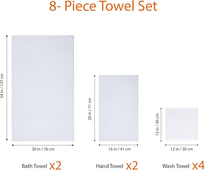 Amazon Basics 100% Cotton Soft Quick-Dry 8-Piece Towel Set, Bath Towels, Hand Towels, Washcloths, White, Compact & Lightweight