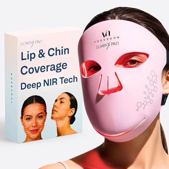 VogueNow LED Light Therapy Mask - FDA-Cleared Device for Wrinkles & Acne - Red Light Therapy for Face with Chin & Lip Coverage - Red, Blue & Near Infrared Facial Skincare - Mothers Day Gifts for Mom