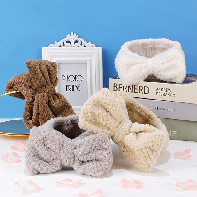 AHONEY 4 Pack Skin Care Facewash Headbands Women Girls Microfiber Spa Elastic Towel Facial Makeup Headbands for Washing Face (Bow)