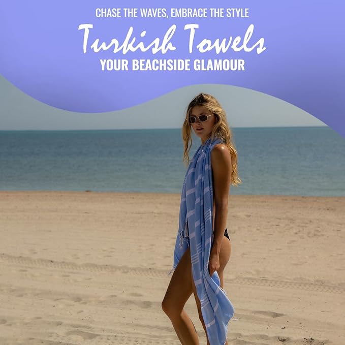 Beach Towel 100% Cotton Turkish Beach Towel Adult 38x70 Inch Pre-washed Absorbent Extra Large|Sand Free Quick Dry BathTowels|Lightweight Blanket|Travel Cruise Camping Spa Gym Yoga Towel|Airy Blue