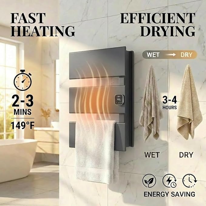 Electric Towel Warmer, Heated Towel Rack with Thermo Control and Timer, Fast Heating Towel Rail for Bathroom with Memroy Function, Work with Smart Plug, Right-Wiring, 3 Panel, Gun Gray