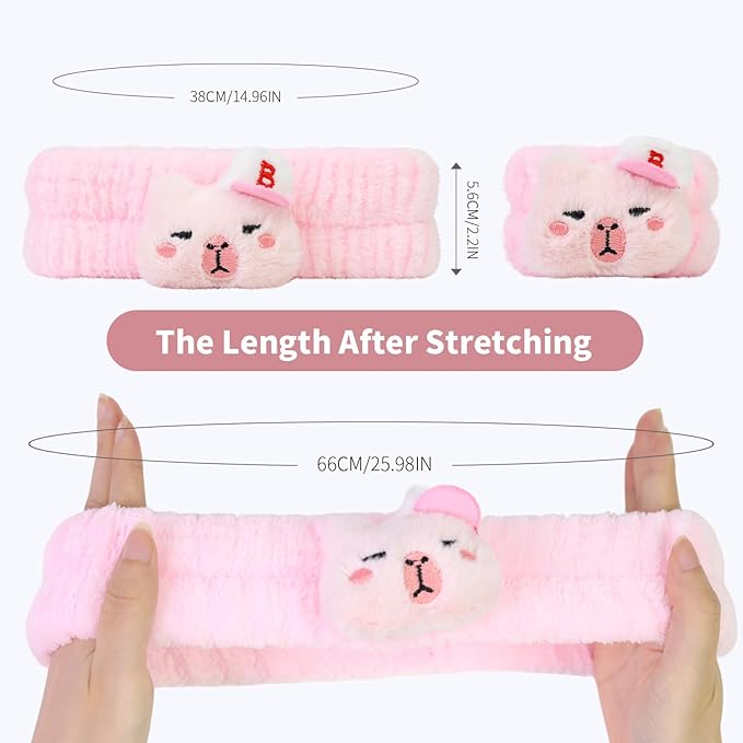 Kawaii Spa Headband and Wristband Set for Women Girls, Cute Halloween Skincare Headbands for Face Washing, Fluffy Makeup Headband for Washing Face Bath Shower and Beauty, Pink Capybara