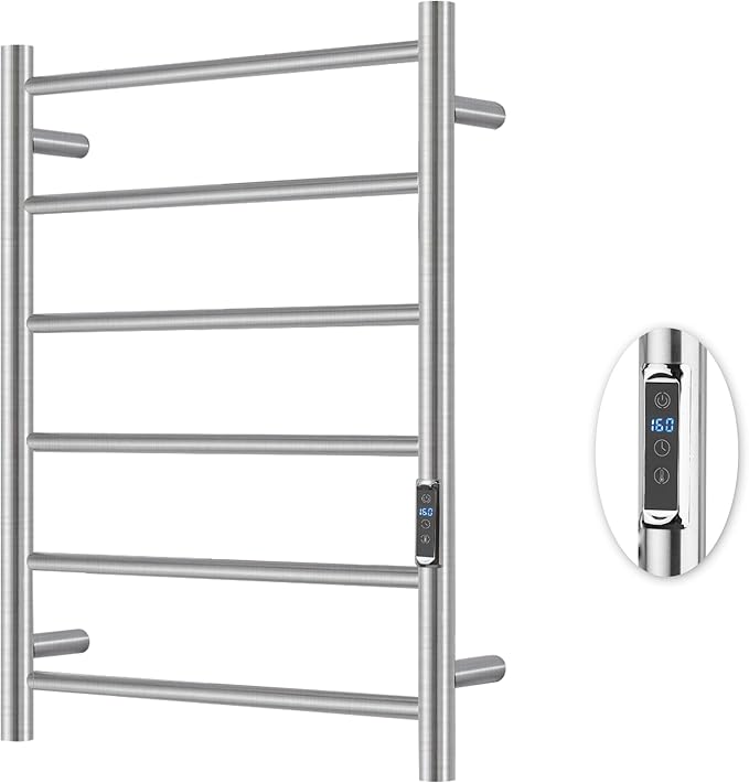 Heated Towel Racks for Bathroom, Wall Mounted Electric Towel Warmer Racks with Timer & Temperature Control, 6 Bar Stainless Steel Towel Heater for Bathroom, Brushed Silver, Plug-in