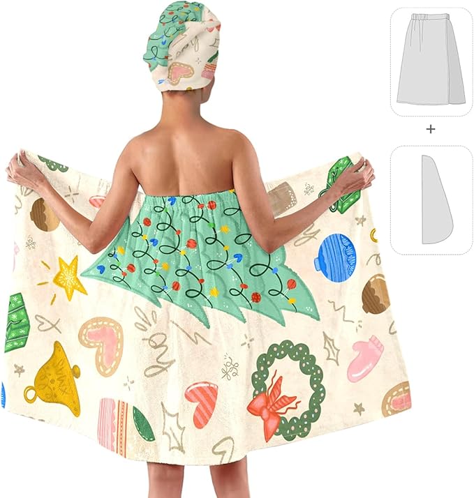 Christmas Bath Wrap and Hair Drying Towel Set – Holiday Shower Skirt with Elastic Snap Closure, Microfiber Absorbent Quick Dry Spa Wrap with Festive Prints