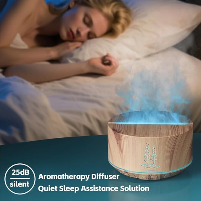 Ultrasonic Essential Oil Diffuser, 500ml Aroma Air Diffuser for Home Bedroom Large Room, 32H Cool Mist Oil Diffuser, 7 Colors Fire Night Light & Flame Wood Grain Aromatherapy Diffusers for Office