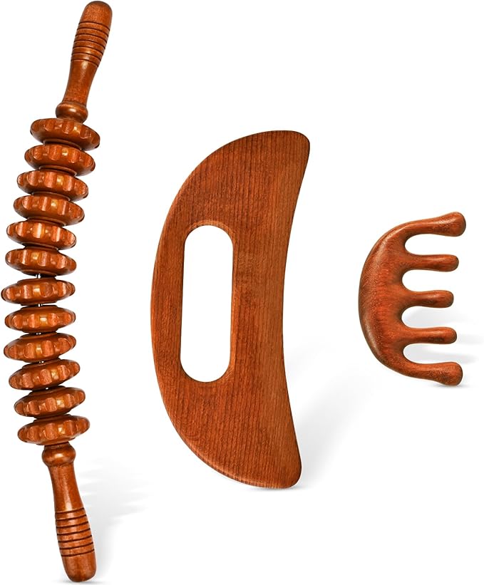 3-in-1 Wood Therapy Massage Tools Wooden Gua Sha Lymphatic Drainage Massager Body Sculpting Tools, Maderoterapia Kit, Anti-Cellulite