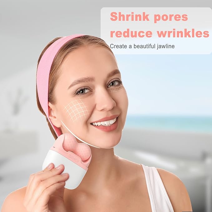 Ice Roller for Face and Eyes - Facial Skin Care Tools with 2 in 1 Face Roller and Travel Case, Self Care Gift for Men Women (Pink)